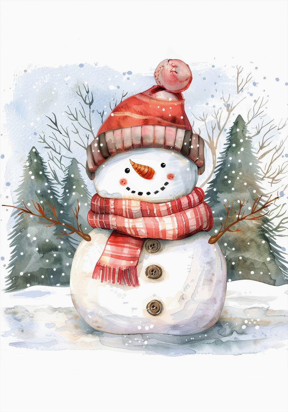 a watercolor painting of a snowman wearing a red hat and scarf