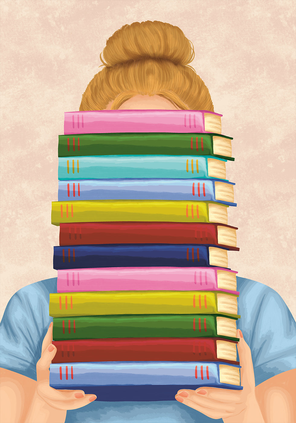 Girl With Stack of Books Poster, Pastel Book Lover Wall Art, Cute Reading Illustration Print for Library or Study Room Poster
