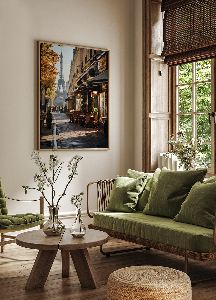 a living room filled with furniture and a painting on the wall