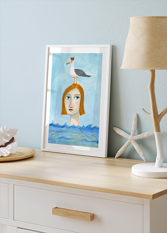 Nude Lady in Ocean with Seagull Poster
