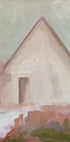 The image is an oil painting depicting a white house with a triangular roof set against a pale green background.