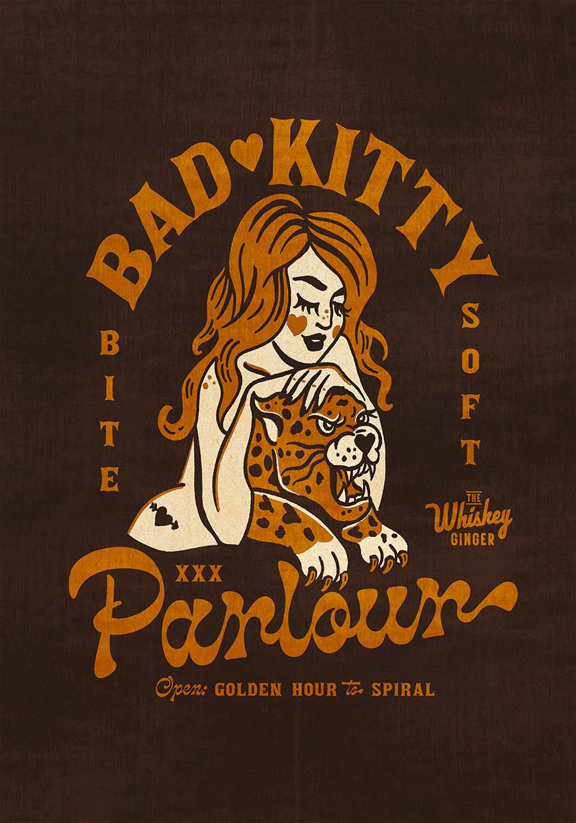 Bad Kitty Pin Up Art. Dive Bar Cocktail Poster