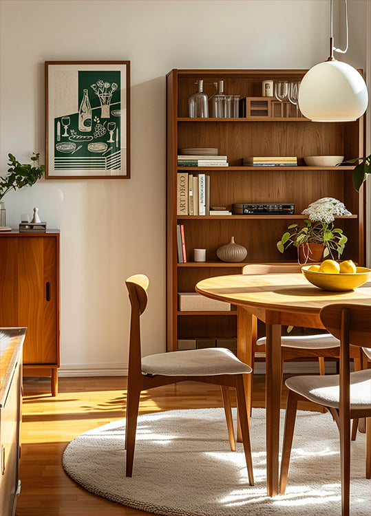 a cozy and well-organized dining room with a wooden table, chairs, and a bookshelf filled with books and decorative items.