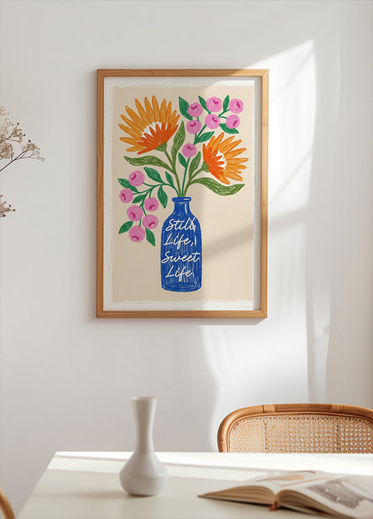 Orange Flowers in Blue Vase Poster