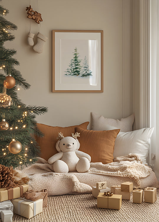 a teddy bear sitting on a pillow in front of a christmas tree