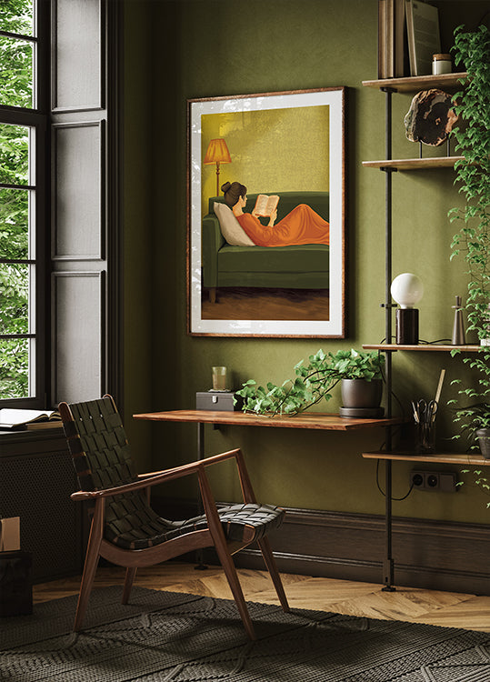 Green Portrait Woman Reading Poster