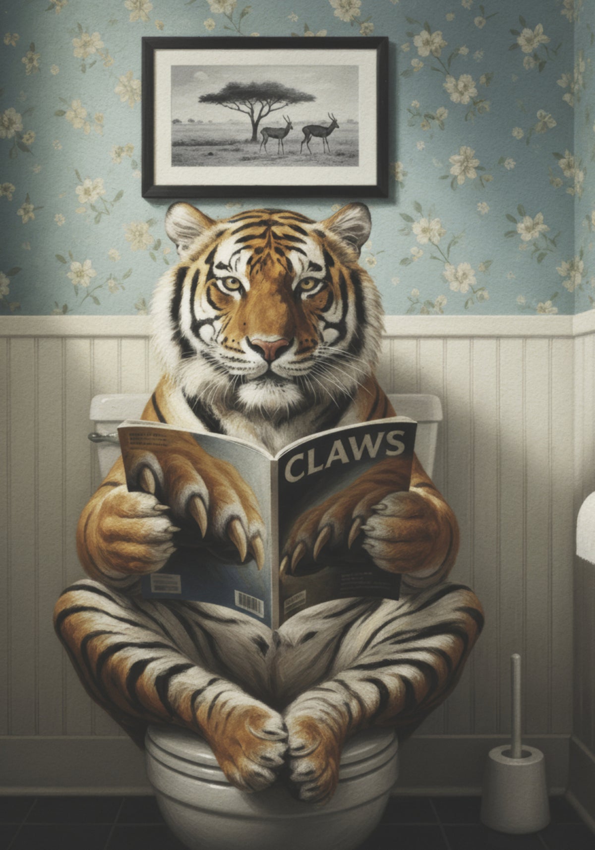 Whimsical Tiger Reading Claws