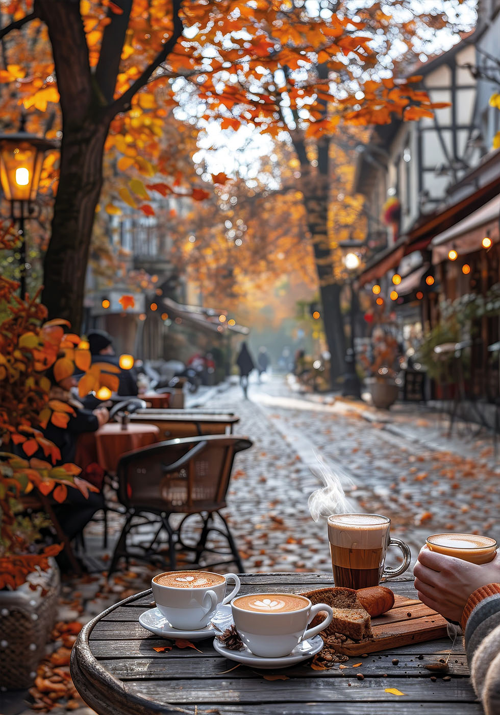 a couple of cups of coffee sitting on top of a wooden table