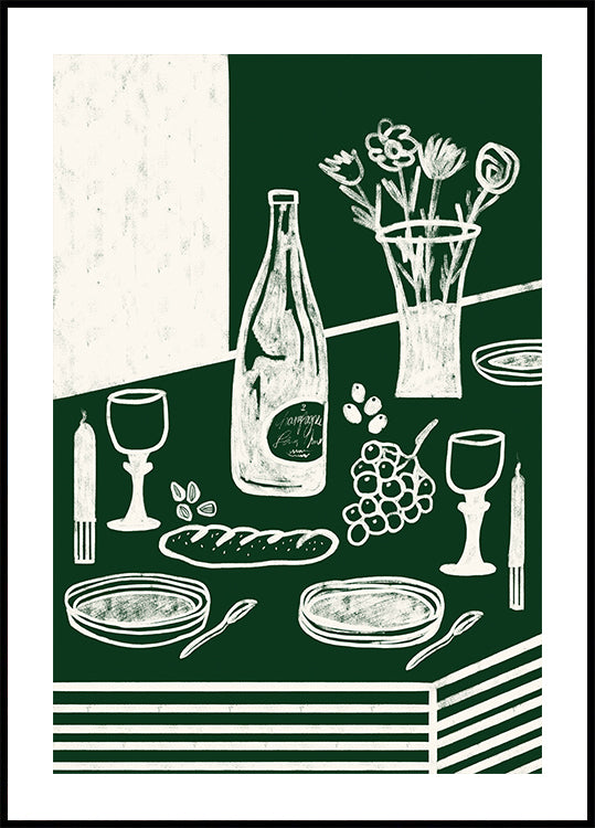 The image is a stylized illustration of a table setting with various objects, including a wine bottle, wine glasses, a vase with flowers, grapes, bread, and utensils.