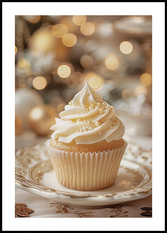 a cupcake on a plate with a christmas tree in the background