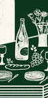The image is a stylized illustration of a table setting with various objects, including a wine bottle, wine glasses, a vase with flowers, grapes, bread, and utensils.
