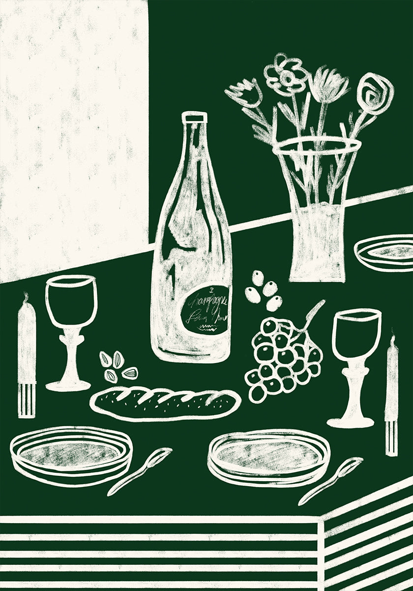 The image is a stylized illustration of a table setting with various objects, including a wine bottle, wine glasses, a vase with flowers, grapes, bread, and utensils.