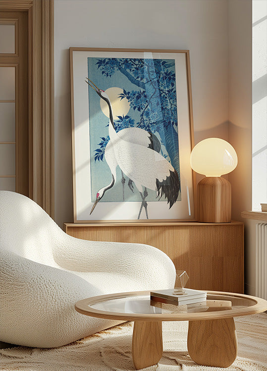 Cranes In a Moonlit Night Poster