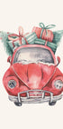 a pink car with presents on top of it