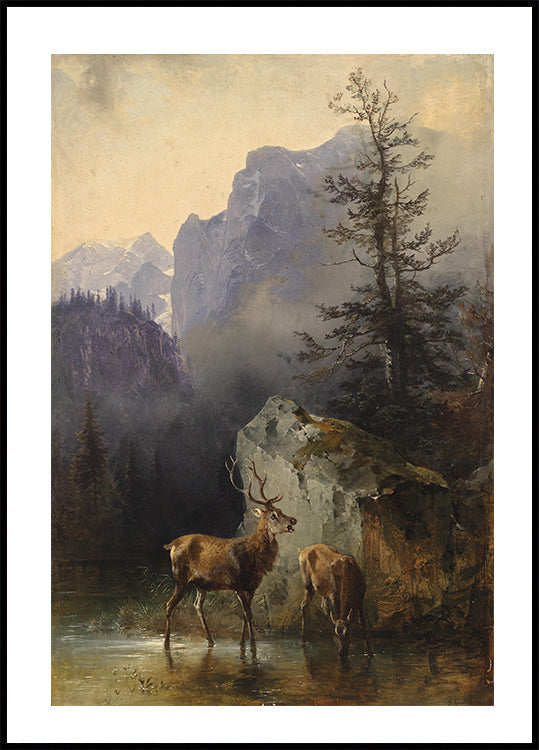 Hirsch Und Tier An Der Tränke By Friedrich Gauermann Poster