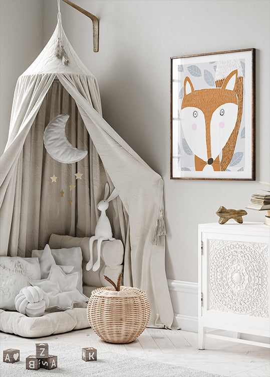 Cute Red Fox with Grey Leaf Pattern by Artist Carla Daly Poster