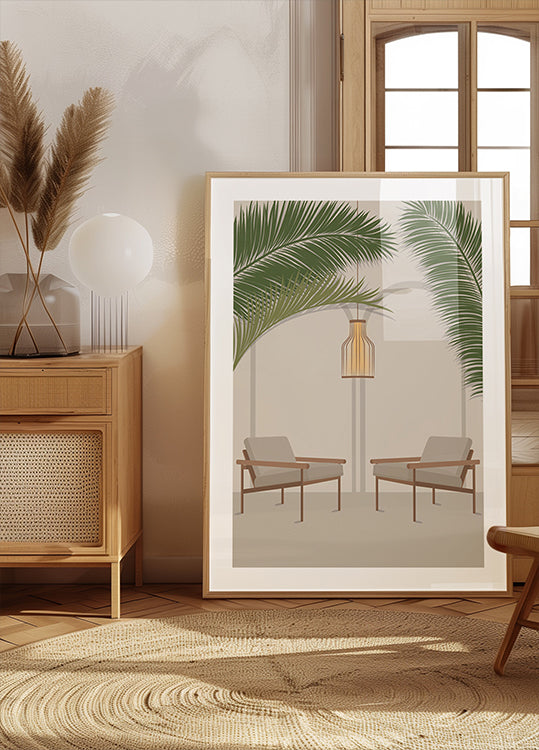 Free Your Mind 1, Modern Tropical Lounge with Palm Leaves and Chairs Poster