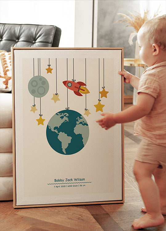 Rocket And Planets, Personalized Baby Boy Poster