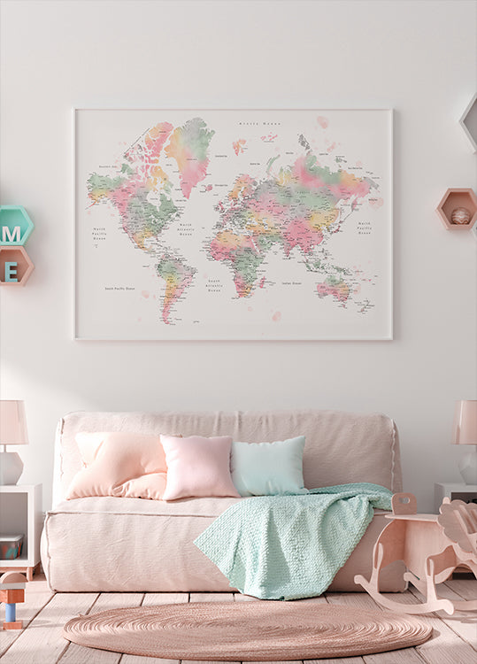 Pastel watercolor world map with cities Poster