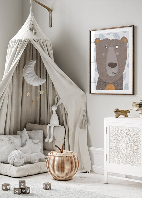 Cute Brown Bear with Grey Leaf Pattern by Artist Carla Poster