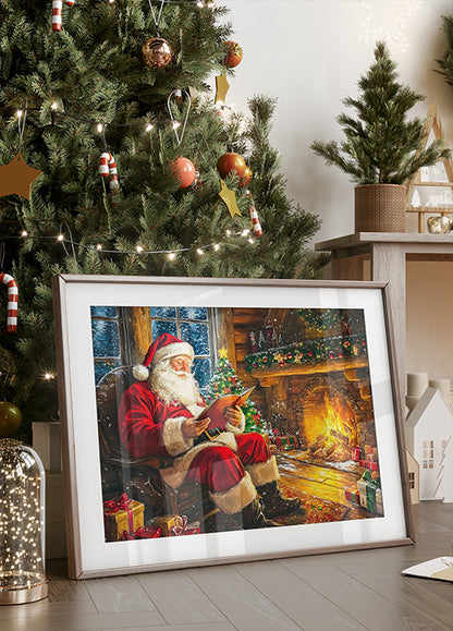 Santa Claus Reading by the Fireplace Poster