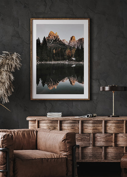 Reflection of Serenity House by the Mountain Lake Poster