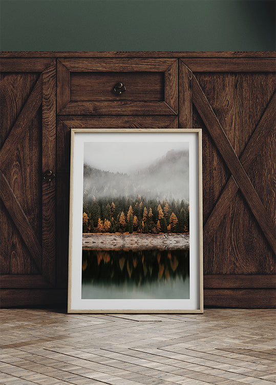 Foggy Autumn Forest Near the Lake Poster