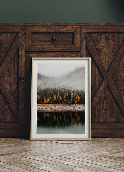 Foggy Autumn Forest Near the Lake Poster