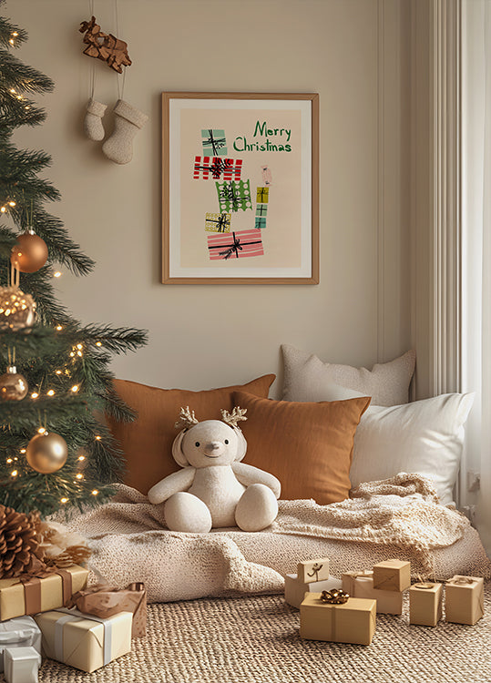 Wobbly pile of Christmas presents Poster