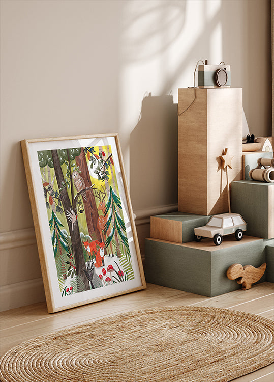 Green Christmas forest with animals