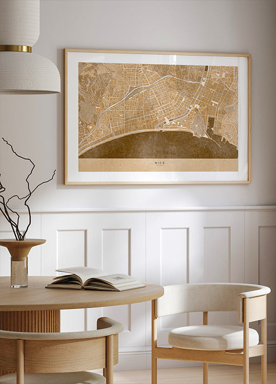 Sepia vintage map of Nice downtown France Poster