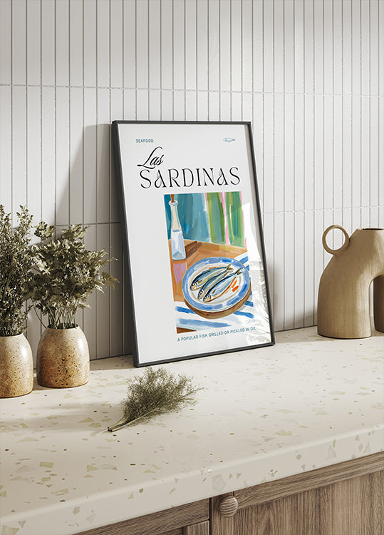 Plate of sardines with Bottle Poster