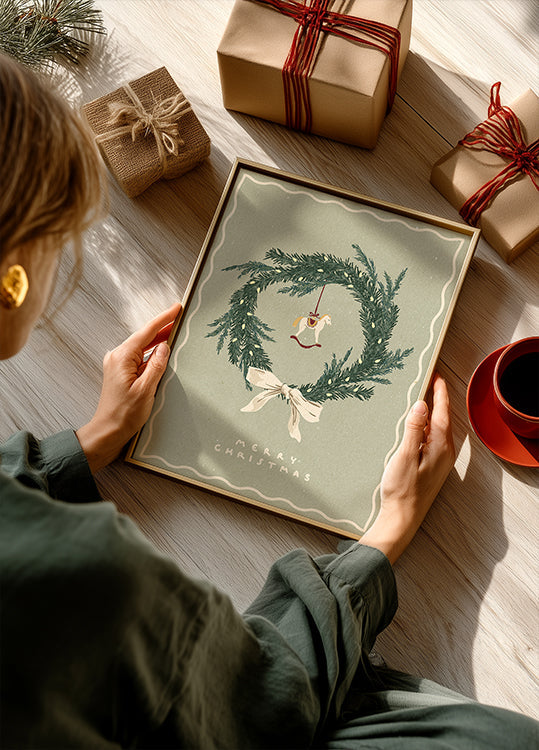 Horses toy on Christmas wreath with bow Poster