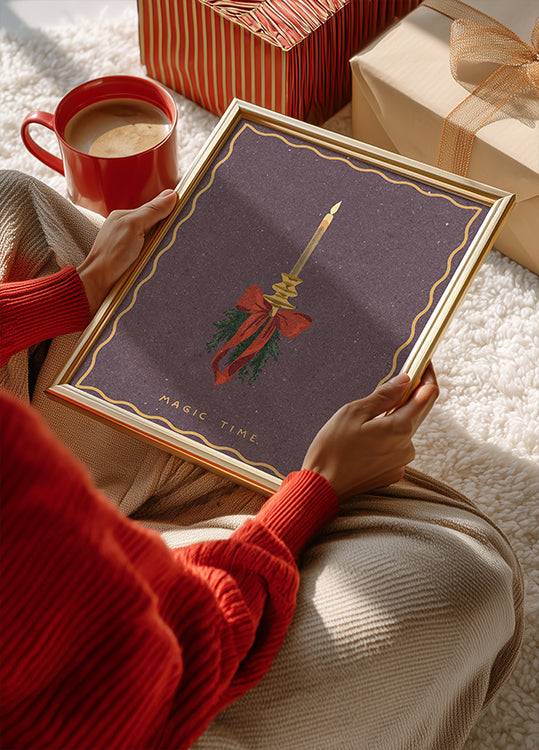 Candle with bow and spruce sprigs Poster