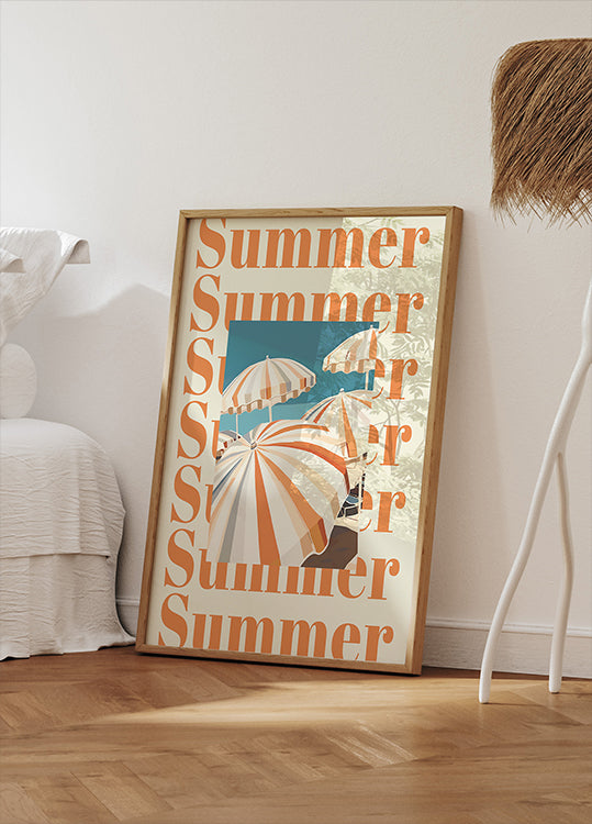 Summer Umbrellas Print, Striped Parasols Art, Coastal Beach Scene Poster