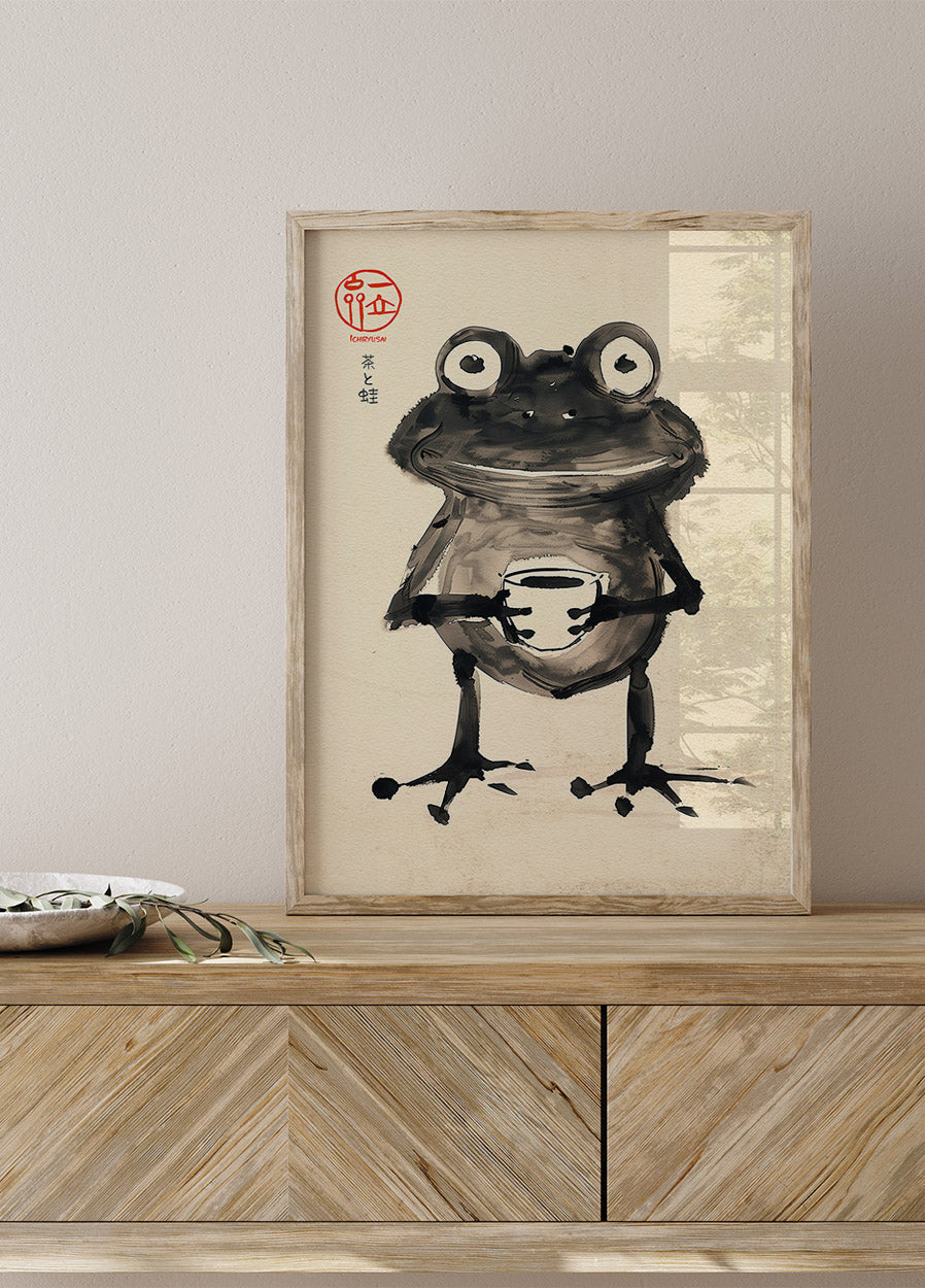 Zen Frog with Tea, Japanese Ink Art Poster