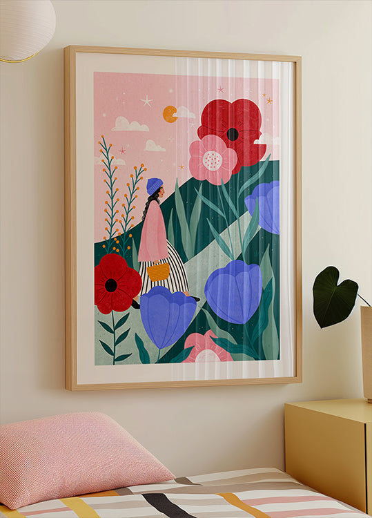 Woman Walking in Flower Garden