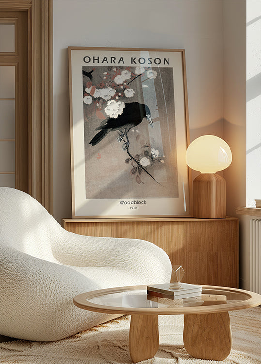 Woodblock, Crow on Cherry Blossom Branch By Ohara Koson Poster