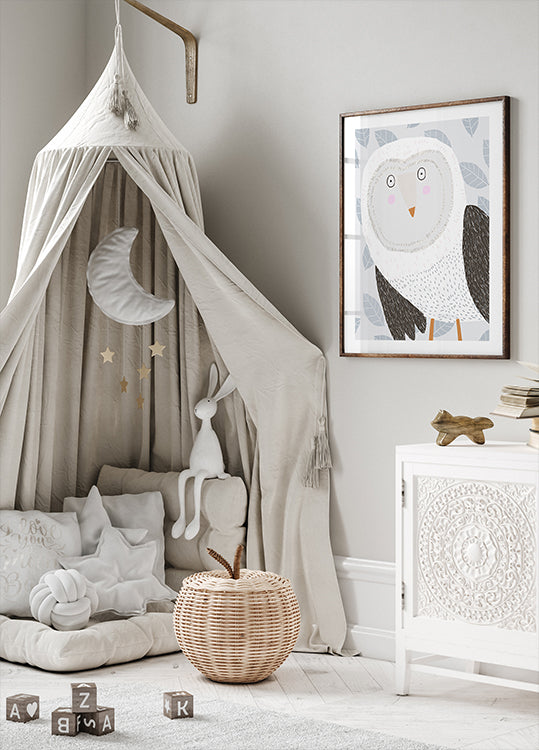 Funny Winter Owl with Grey Leaf Pattern by Artist Carla Daly Poster