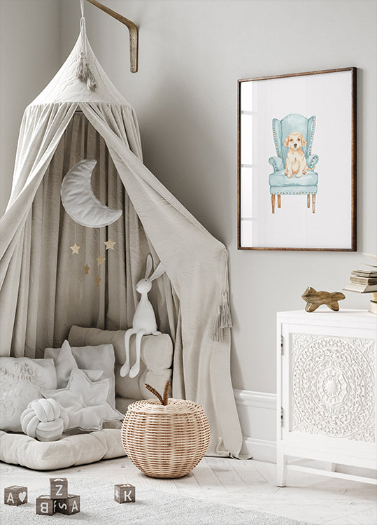 Puppy in Blue Armchair Poster