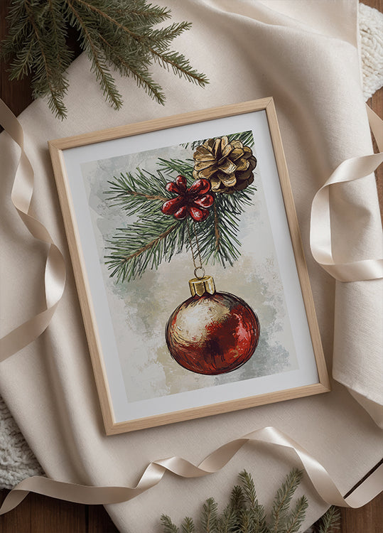 Watercolor Christmas Ball on Pine Branch Poster