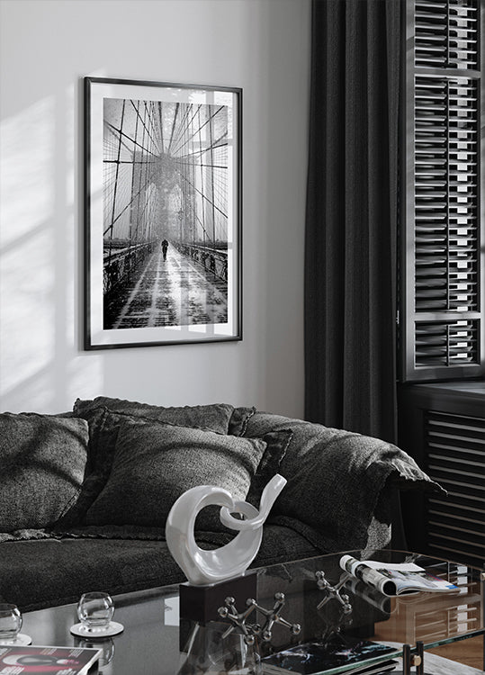 New York Walker in Blizzard - Brooklyn Bridge Poster