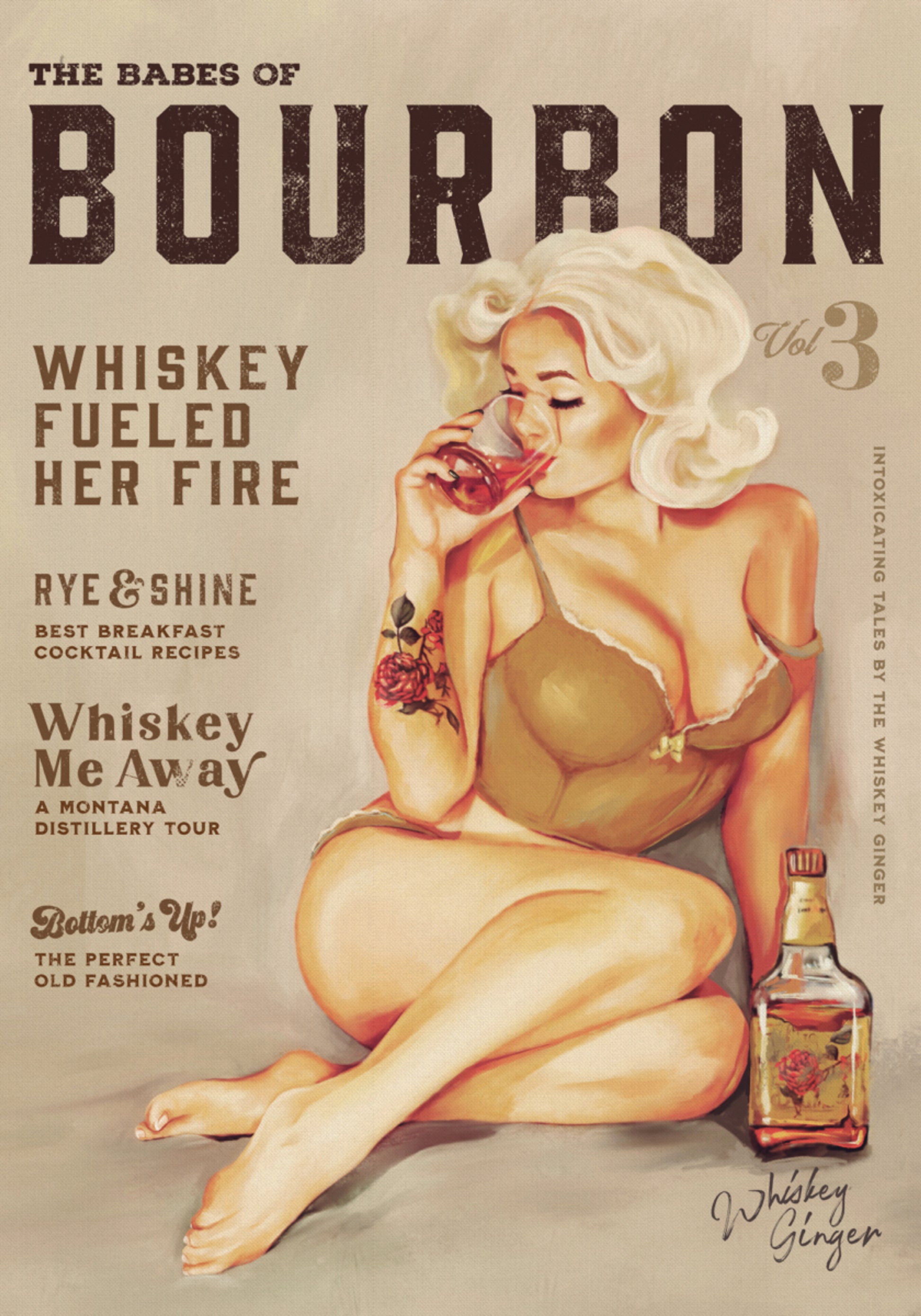 Bourbon Wall Art. Sexy Vintage Pin Up Girl Drinking Whiskey