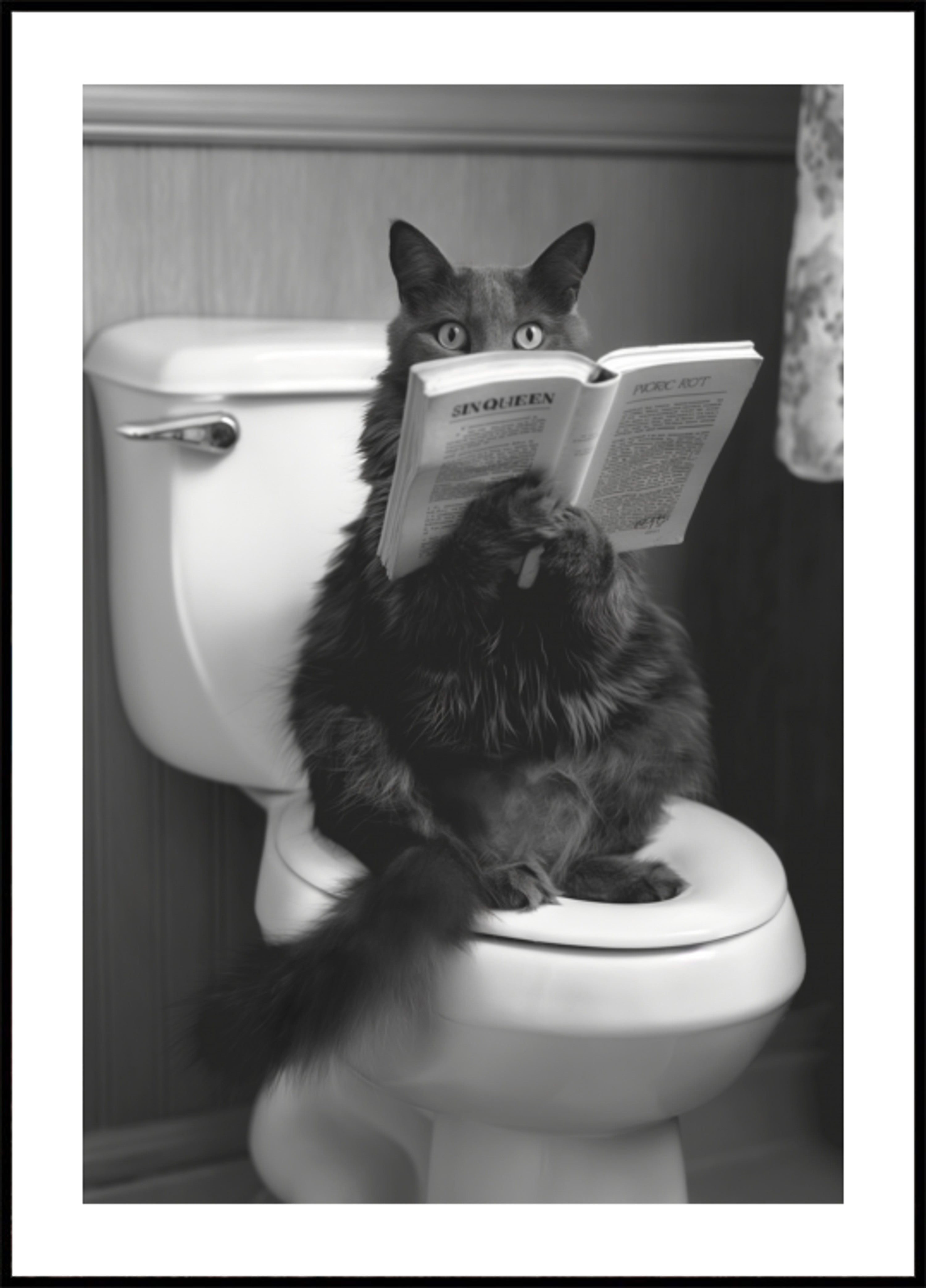 Cat Reading on Toilet