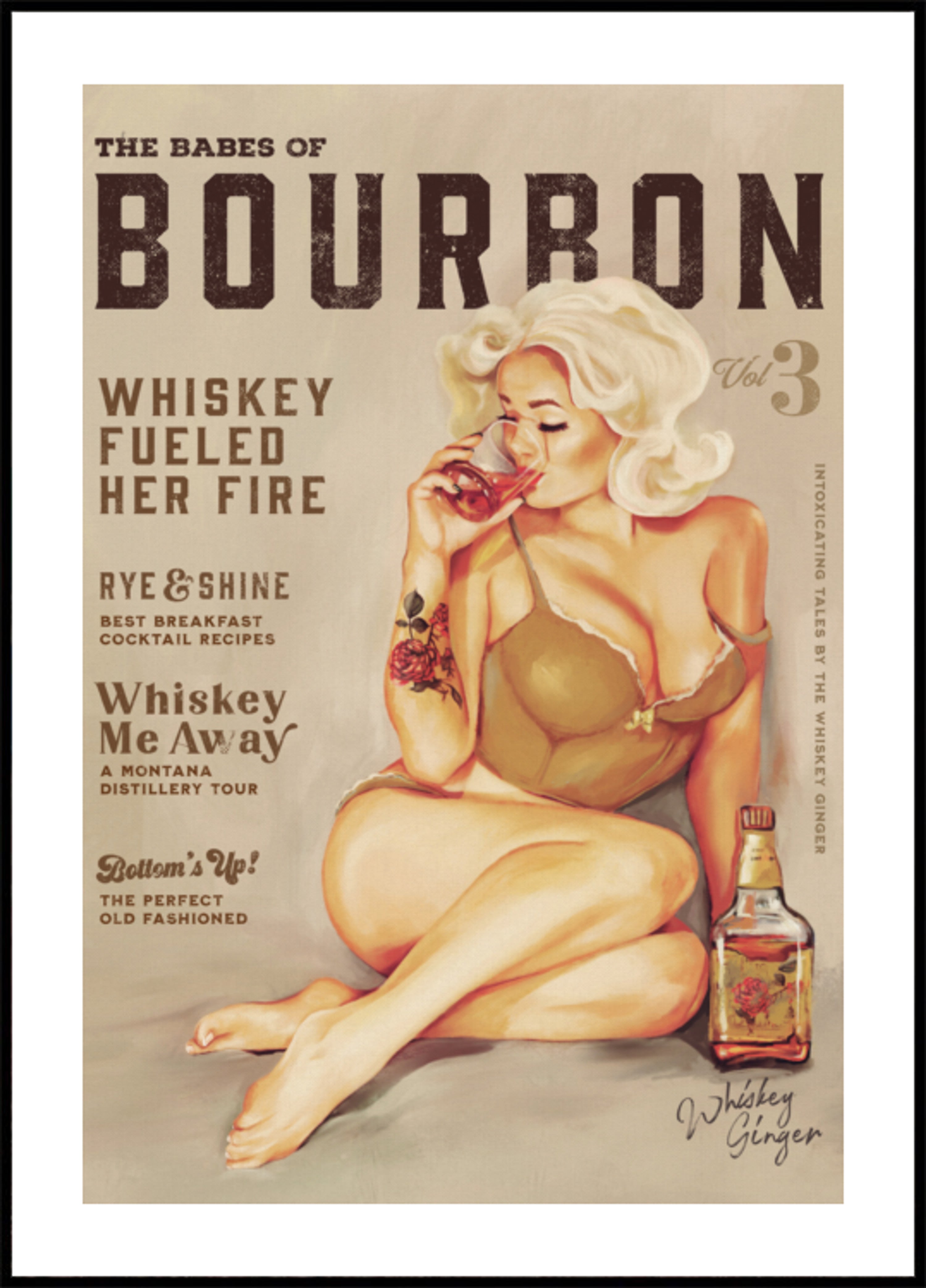 Bourbon Wall Art. Sexy Vintage Pin Up Girl Drinking Whiskey