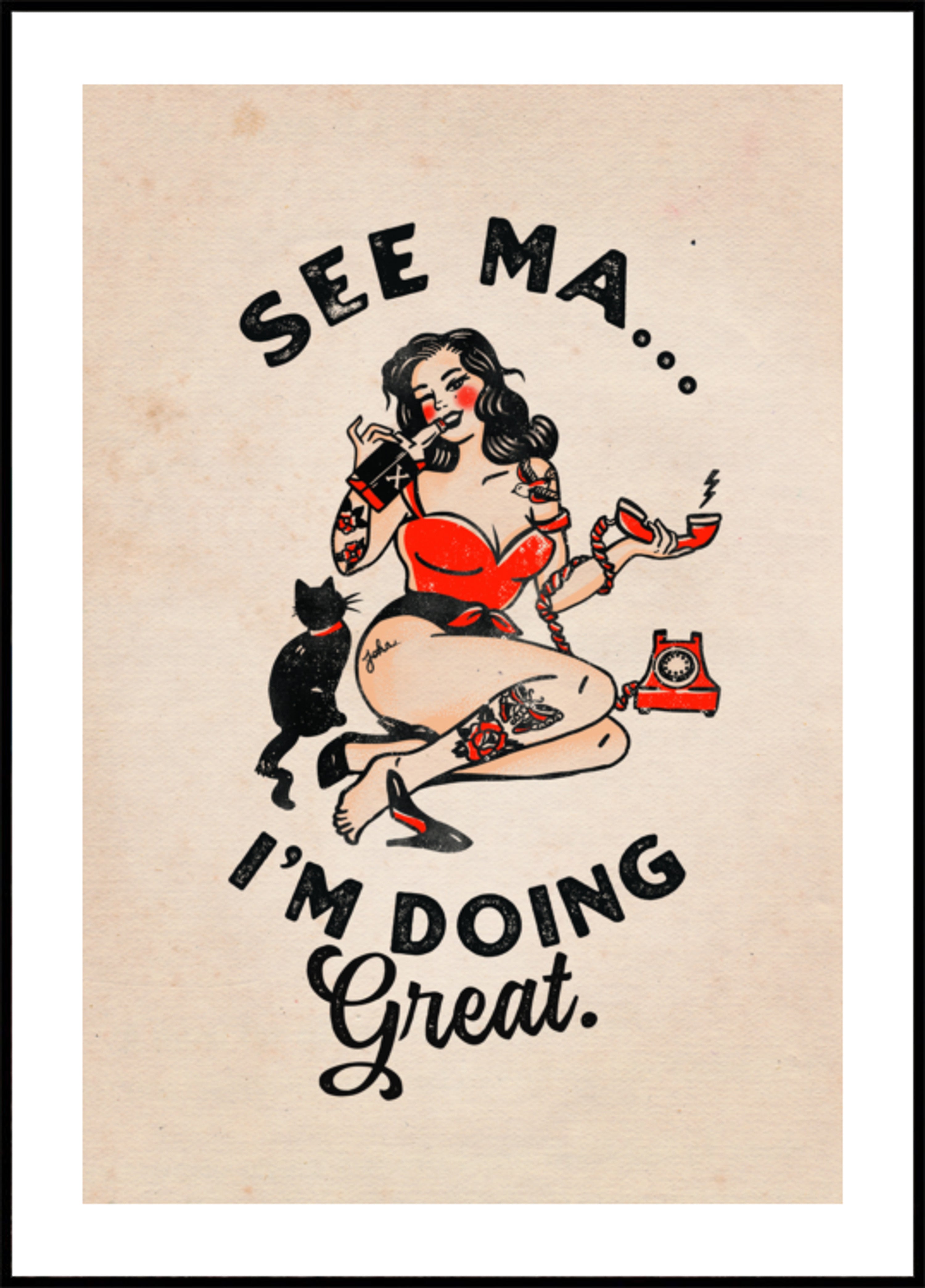 See Ma Poster Funny Vintage Pinup Girl &amp; Cat