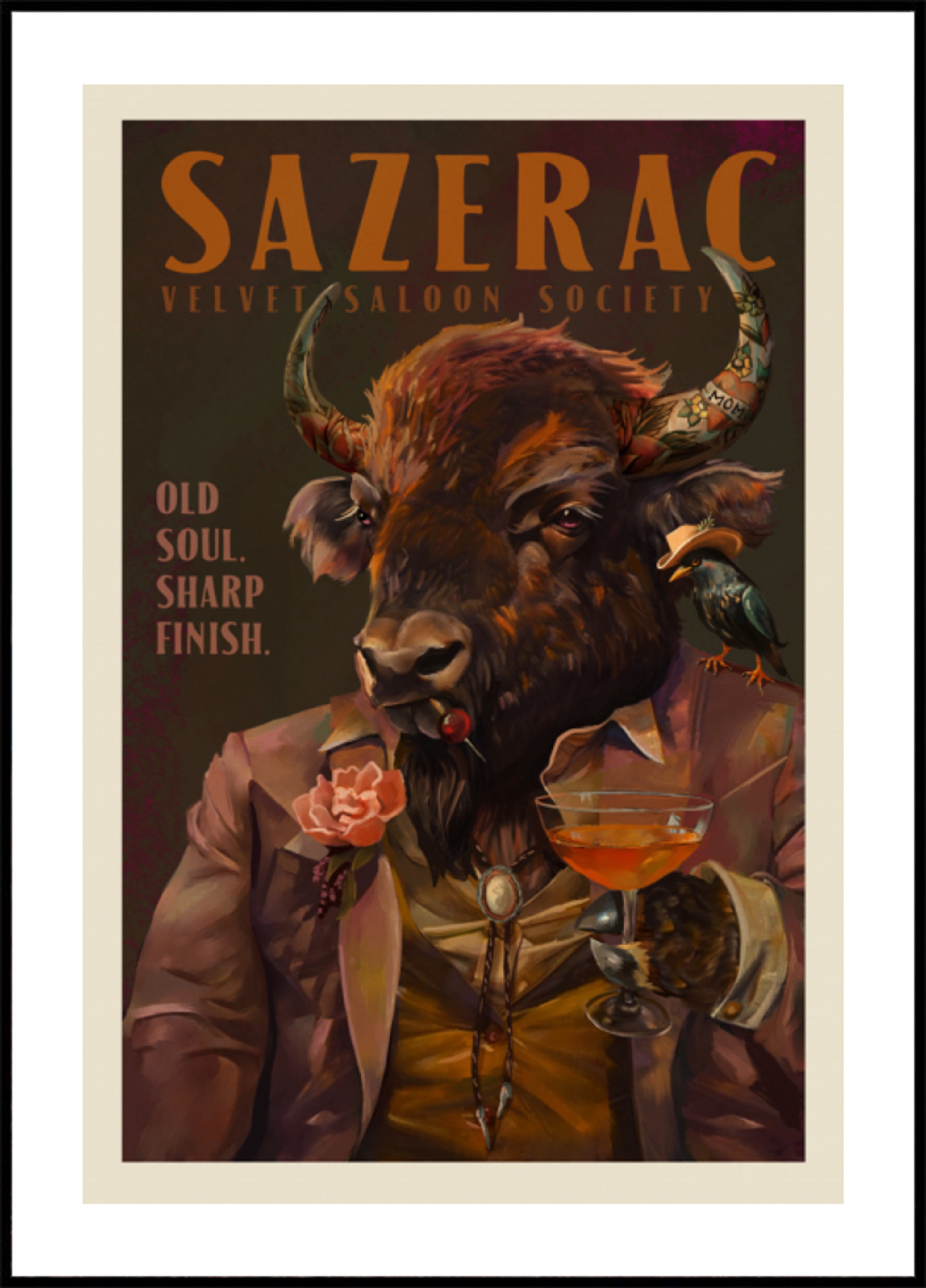 Buffalo Drinking Sazerac Cocktail. Alcohol &amp; Liquor Bar Art
