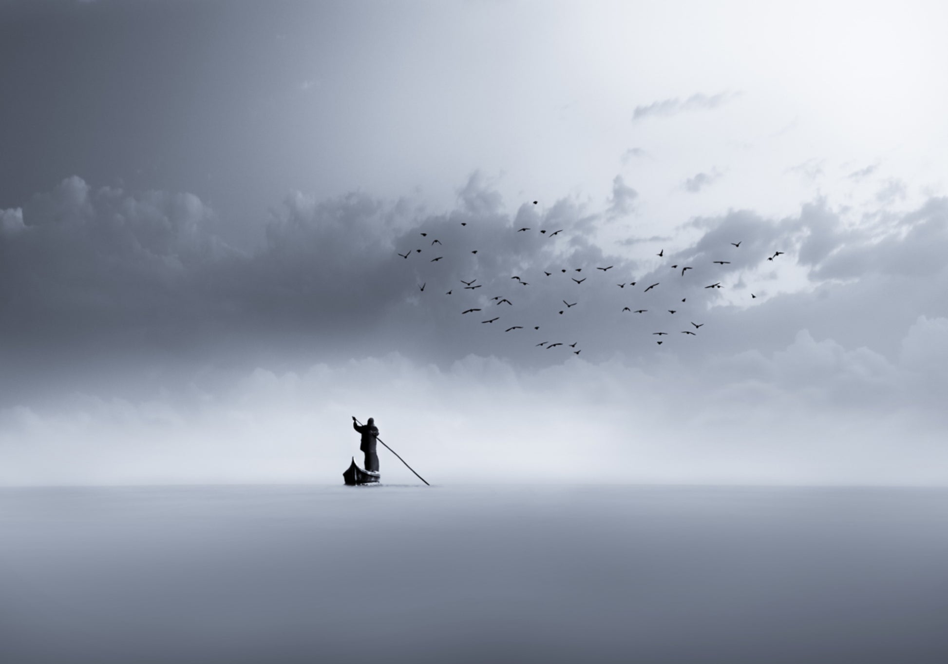 Solitary Boatman Foggy Waters