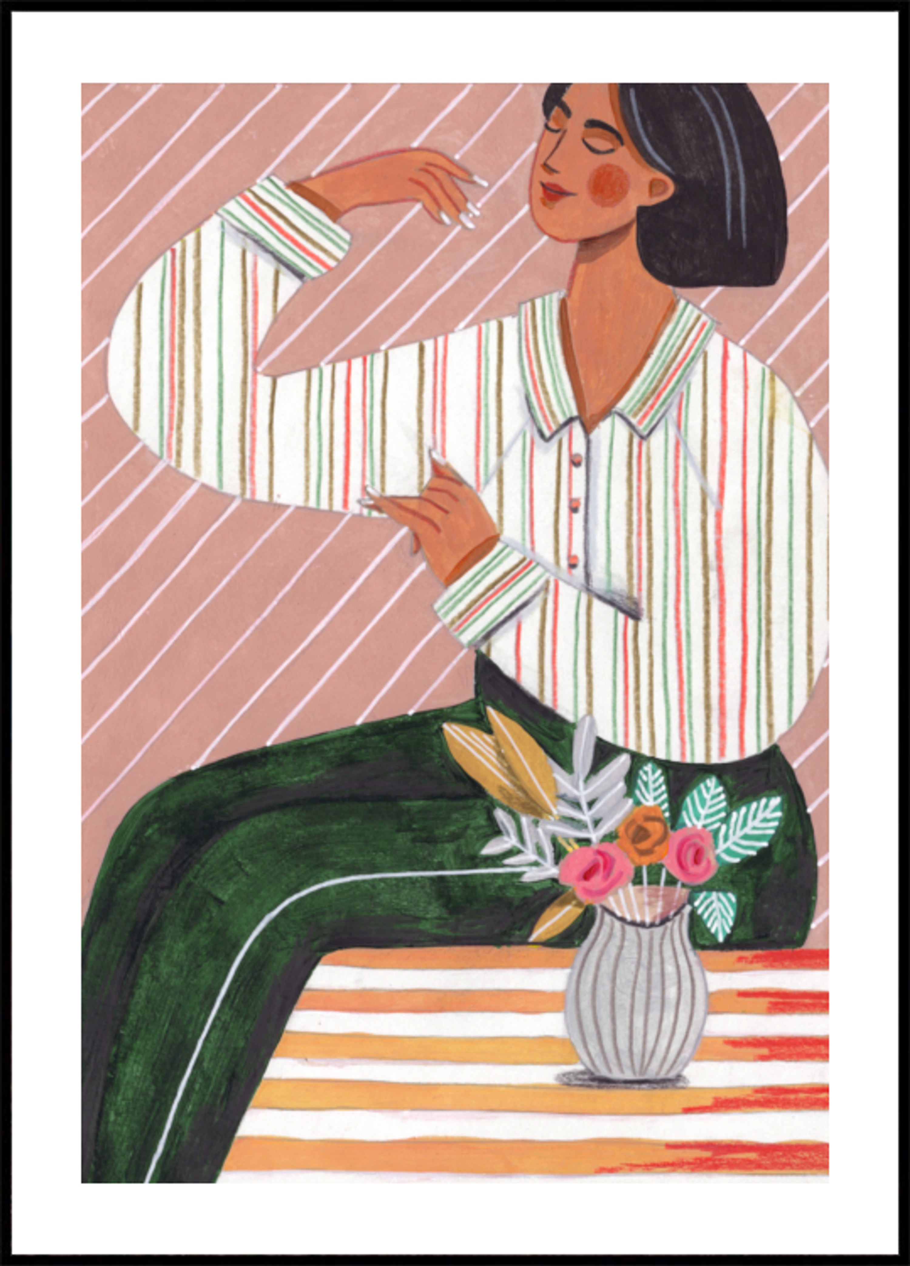 Woman in Stripes Shirt and Green Pants