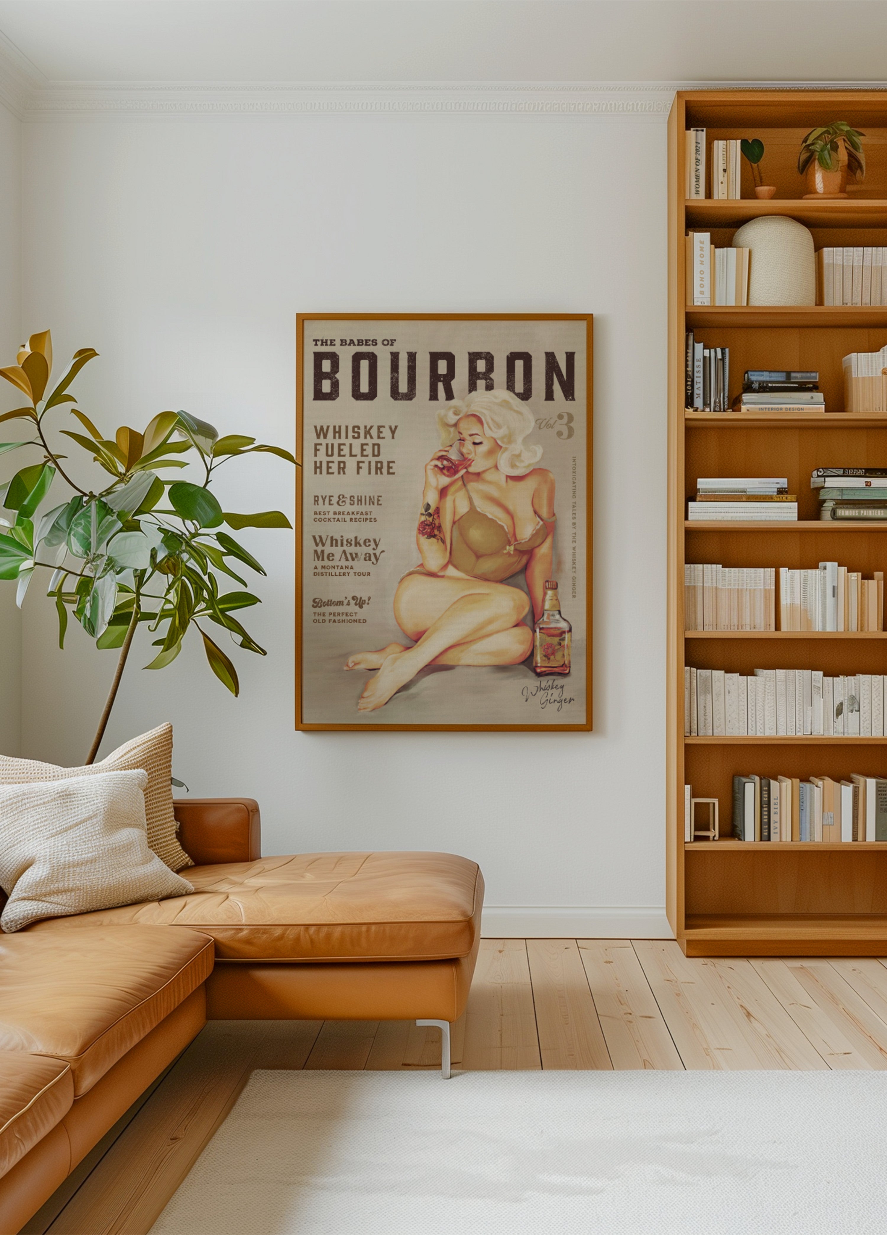 Bourbon Wall Art. Sexy Vintage Pin Up Girl Drinking Whiskey